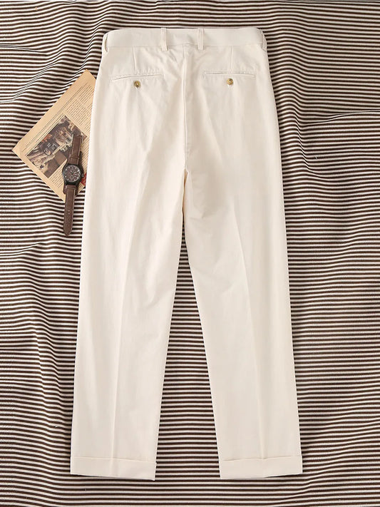 2026 Cotton-Linen Men's Casual Trousers | Old Money Beige Slim Straight Pants with Elastic Waist & 9/10 Cuff
