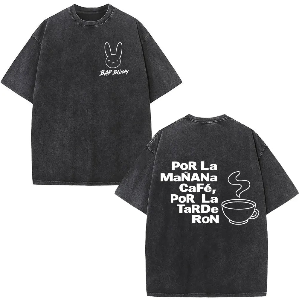 Rapper Bad Bunny Washed Vintage T-shirt Debi Tirar Mas Fotos DTMF World Tour T Shirts Men's Fashion Hip Hop T-shirts Streetwear