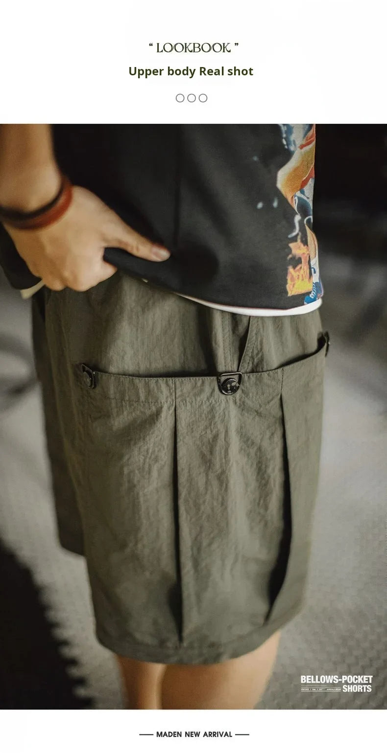 Casual Green Pocket Shorts Men's Summer Lightweight Woven Straight Leg Shorts Elastic Waist Retro Street Versatile Bottoms