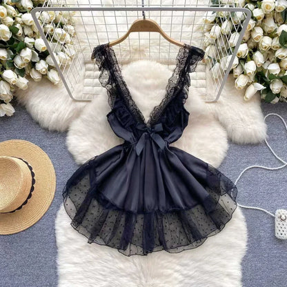 Woman Plus Size Sexy V-Neck Strap Dress Lace Trim Slim Short Dress Women Fashion Comfortable Dress Party Hotsweet
