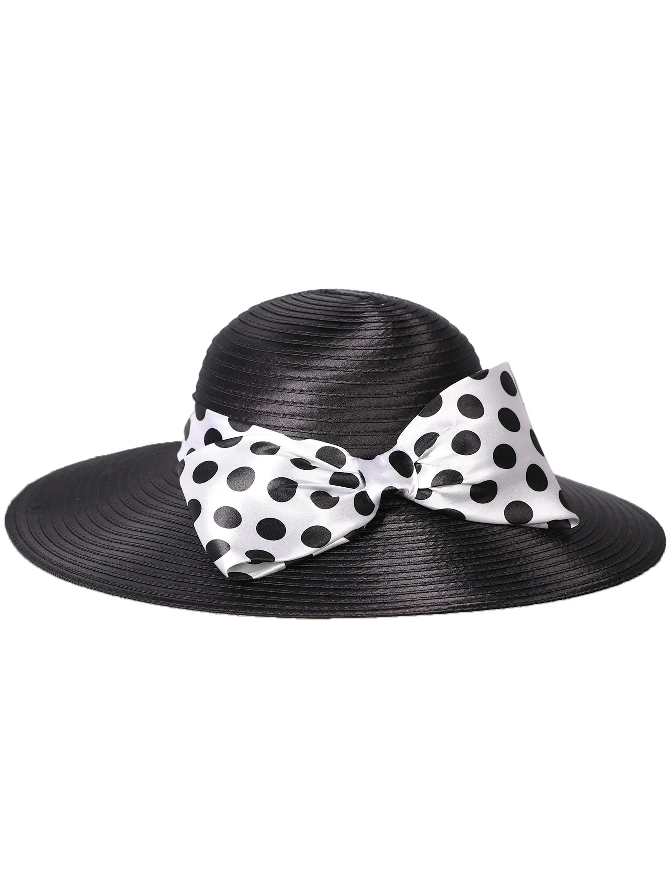 Elegant Women Wide Brim Rose Black Patchwork Polka Dots Kentucky Hat For Wedding Party Hat Big Bowknot Fedora Beach Cap