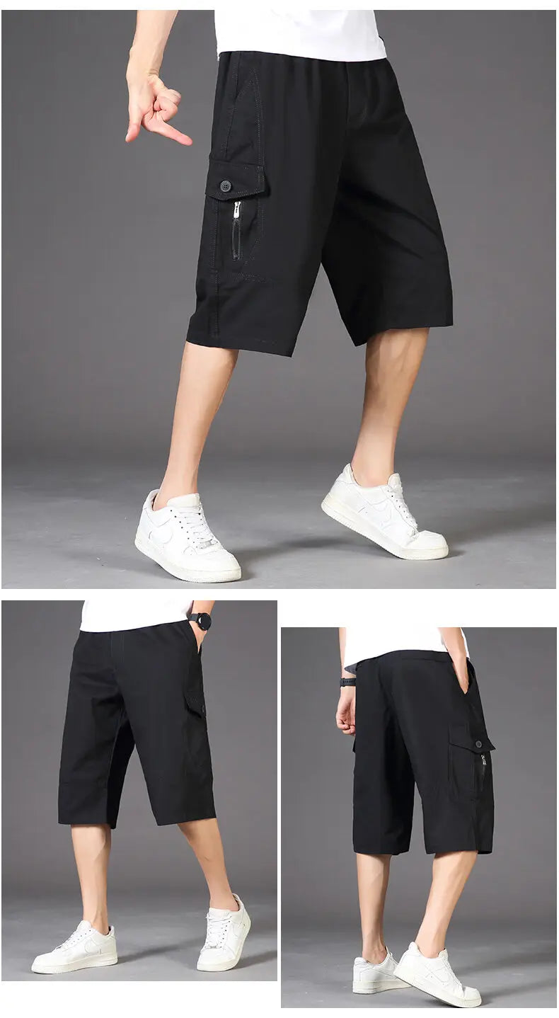 Men's Cargo Shorts 3/4 Below Knee Cotton Drawstring Running Shorts Outdoor Relaxed Fit Casual Sport Hiking Fishing Jogger Shorts