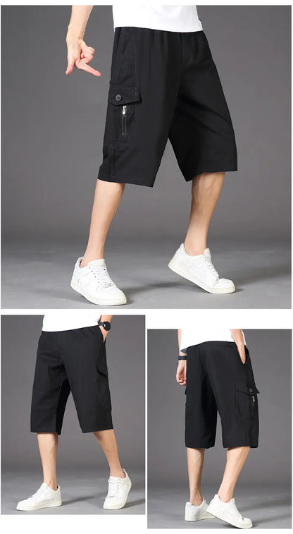 Men's Cargo Shorts 3/4 Below Knee Cotton Drawstring Running Shorts Outdoor Relaxed Fit Casual Sport Hiking Fishing Jogger Shorts