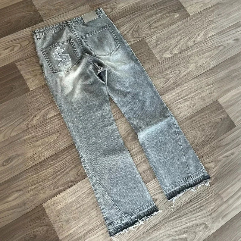 Dollar Pattern Embroidery Retro Jeans Men Y2K Splice Hip Hop Baggy Pants Gothic Streetwear Fashion Low Rise Jeans Clothing New