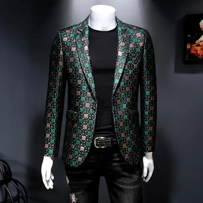 Autumn New Luxury Men Slim Fit Lattice Stage Casual Suit Coat New Silver Burgundy Green Men Groom Wedding Suit Lattice Coats