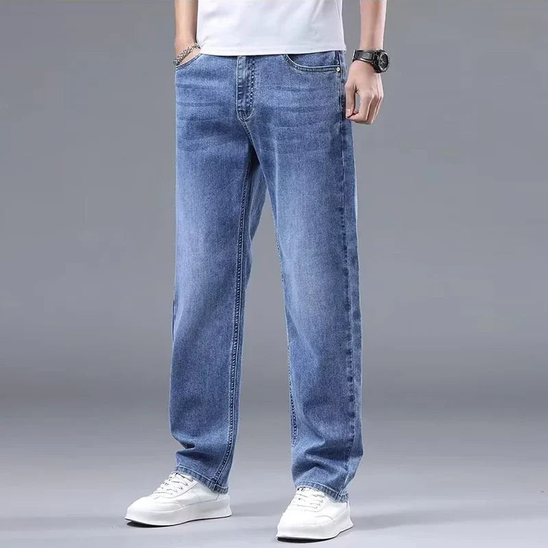 Men New Fleece Lined Thickened Jeans Male Winter Loose Straight Slim Fit Denim Pants High End Casual Elasticity Trousers