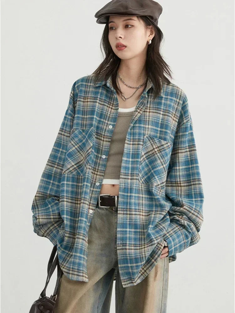Women's Cotton Shirt Single Breasted Loose New Retro Color Blocked Grid Female Blouses Autumn Spring 2026