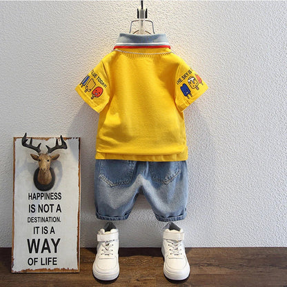 2-10 Years Kids Boys Clothes Set Summer Short Sleeve Cartoon Print Lapel T-shirt And Denim Shorts 2PCS Children Tracksuit Outfit
