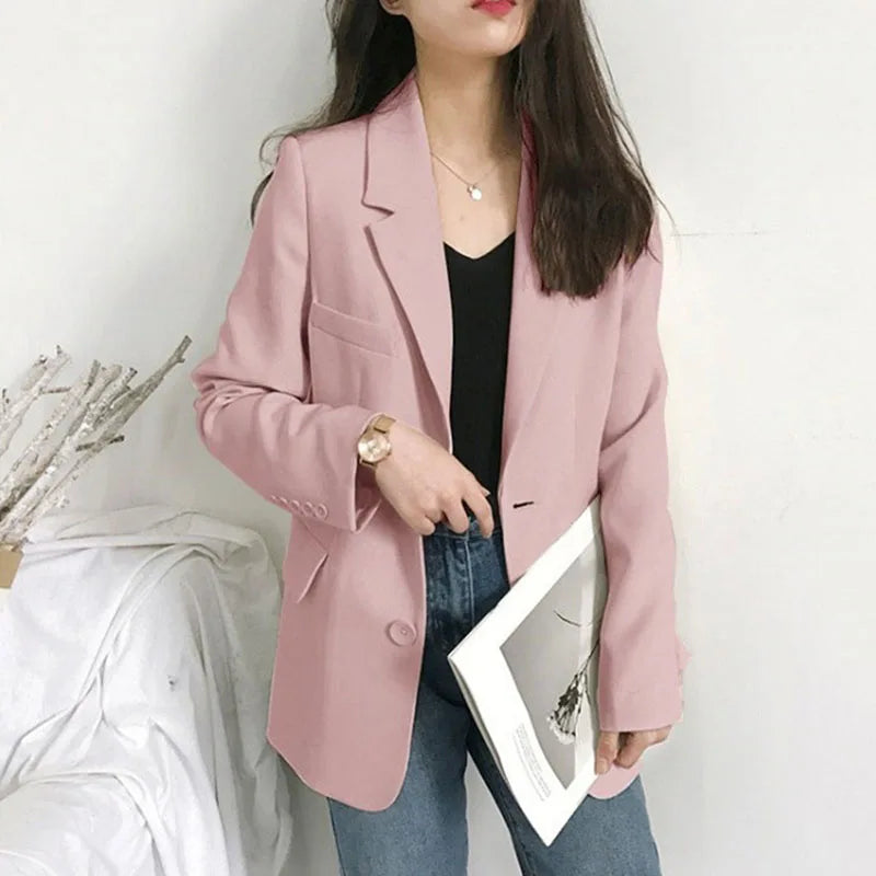 Elegant Women's Blazer Jacket Black Long Sleeve Button-Up Notch Lapel Office Jackets Woman Casual Solid Color with Pocket Blazer