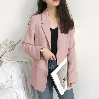 Elegant Women's Blazer Jacket Black Long Sleeve Button-Up Notch Lapel Office Jackets Woman Casual Solid Color with Pocket Blazer