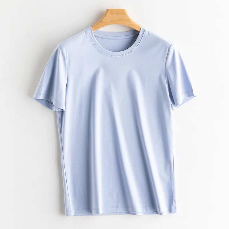 6% Real Silk Cotton Modal Women's T-shirt 2026 Summer Tees Short Sleeve Solid Tee Shirts V-neck Casual Woman Basic T shirt Tops