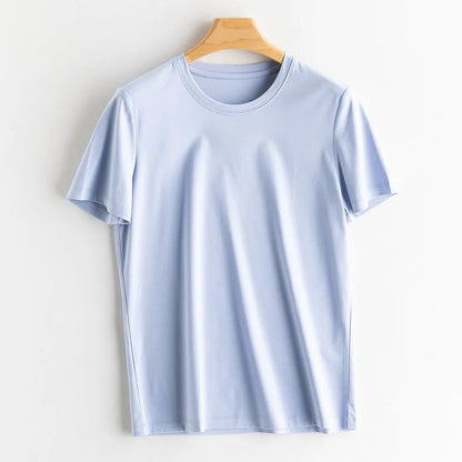 6% Real Silk Cotton Modal Women's T-shirt 2026 Summer Tees Short Sleeve Solid Tee Shirts V-neck Casual Woman Basic T shirt Tops