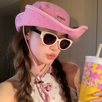 Retro Washed Bucket Hats for Women Cowboy Hats Outdoor Camping Sun Protection Sweet Pink Love Bucket Caps