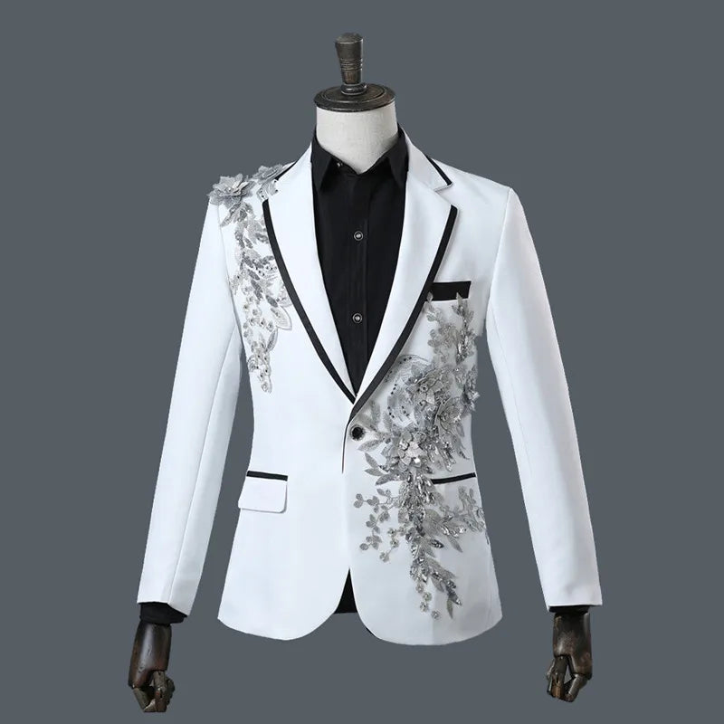 New Men Luxury Decal Suits Black / Red / Blue / White Fashion Singer Host Stage Performance Splicing Flower Blazers and Pants