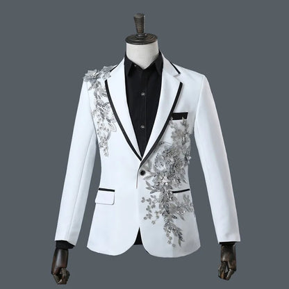 New Men Luxury Decal Suits Black / Red / Blue / White Fashion Singer Host Stage Performance Splicing Flower Blazers and Pants