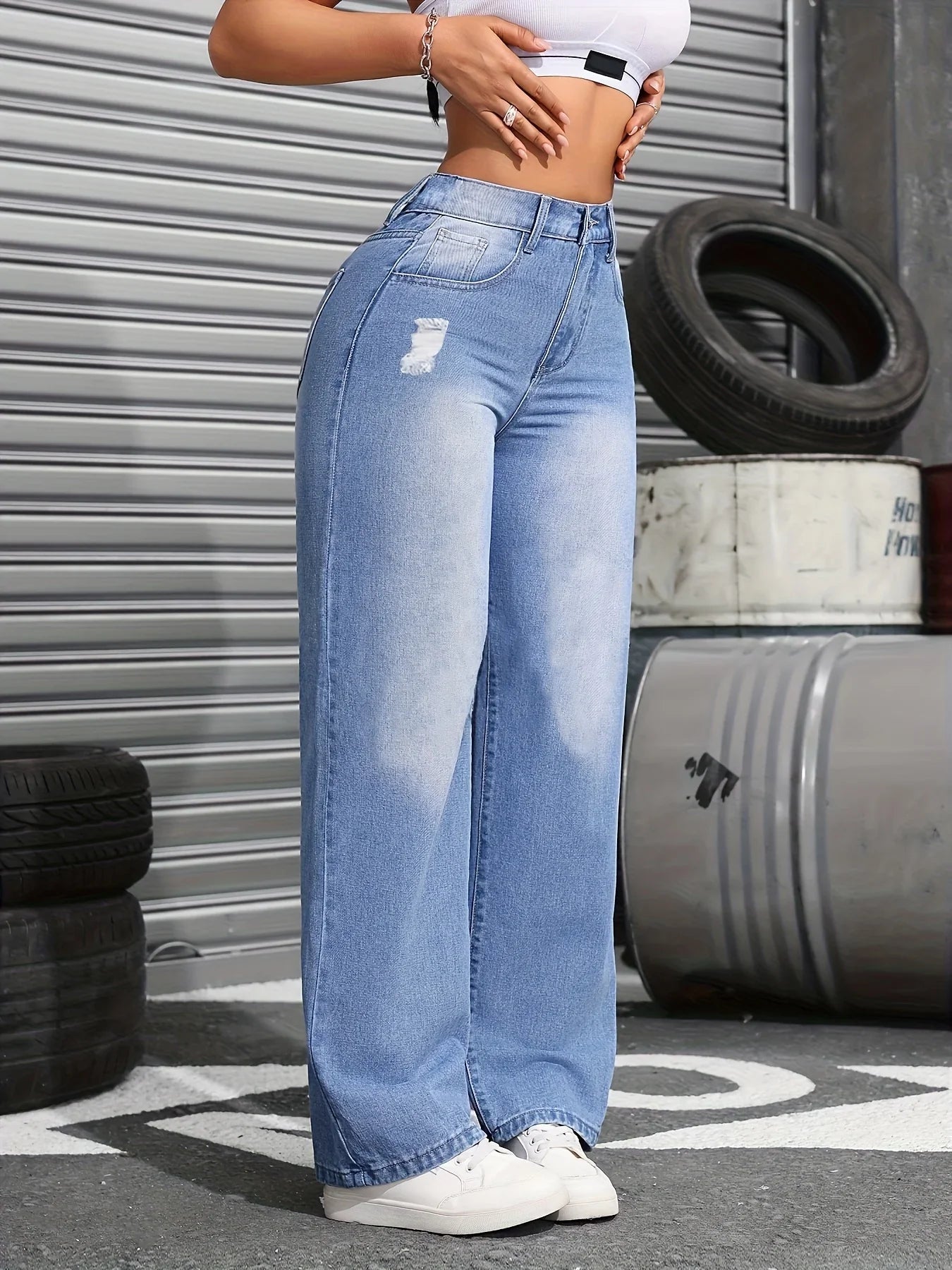 Women's High-Waist Elastic Zipper Casual Jeans Torn Straight Leg Wide Pants Medium Stretch Cotton Blend Four-Season Neutral Loos