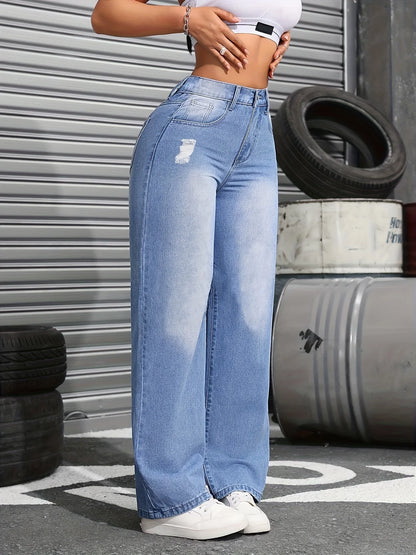 Women's High-Waist Elastic Zipper Casual Jeans Torn Straight Leg Wide Pants Medium Stretch Cotton Blend Four-Season Neutral Loos