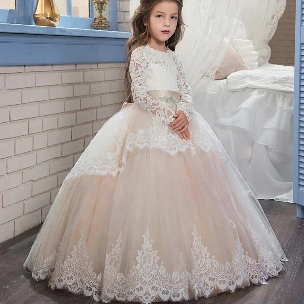 Sweet Lace Flower Girls Dresses Long Sleeves O Neck Formal Dress For Little Girls Wedding Guest Gown Birthday Party Dresses