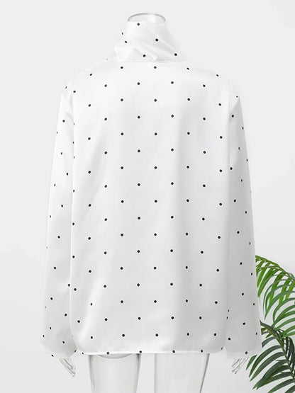 Satin Scarf Neck Polka Dot Printing Women Blouse Fashion Full Sleeve Loose Basic Shirt Lady Autumn New Highstreet Commute Wear