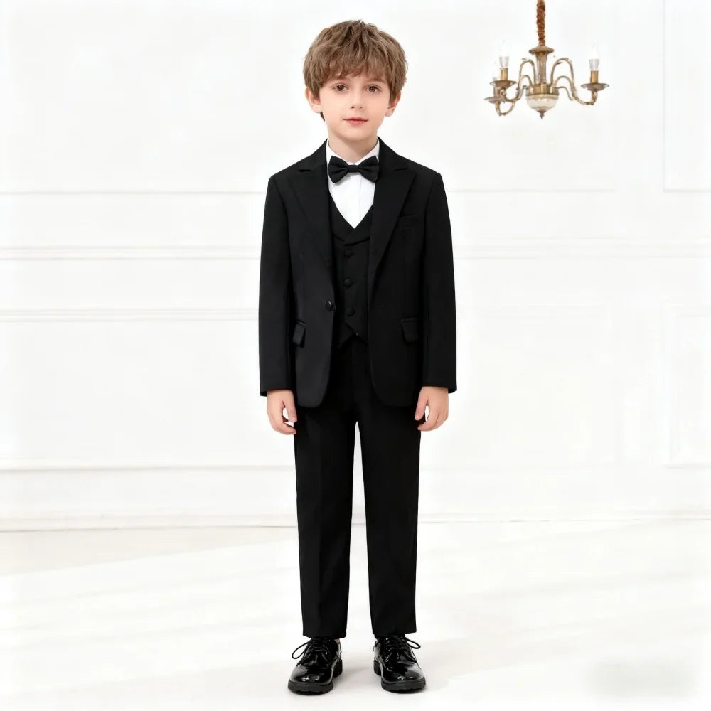Boys Black Slim Formal Tuxedo Set Jacket Vest Pants Bow Tie Christmas Wedding Performance Wear for Kids Teens Ages 2-16