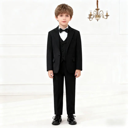 Boys Black Slim Formal Tuxedo Set Jacket Vest Pants Bow Tie Christmas Wedding Performance Wear for Kids Teens Ages 2-16