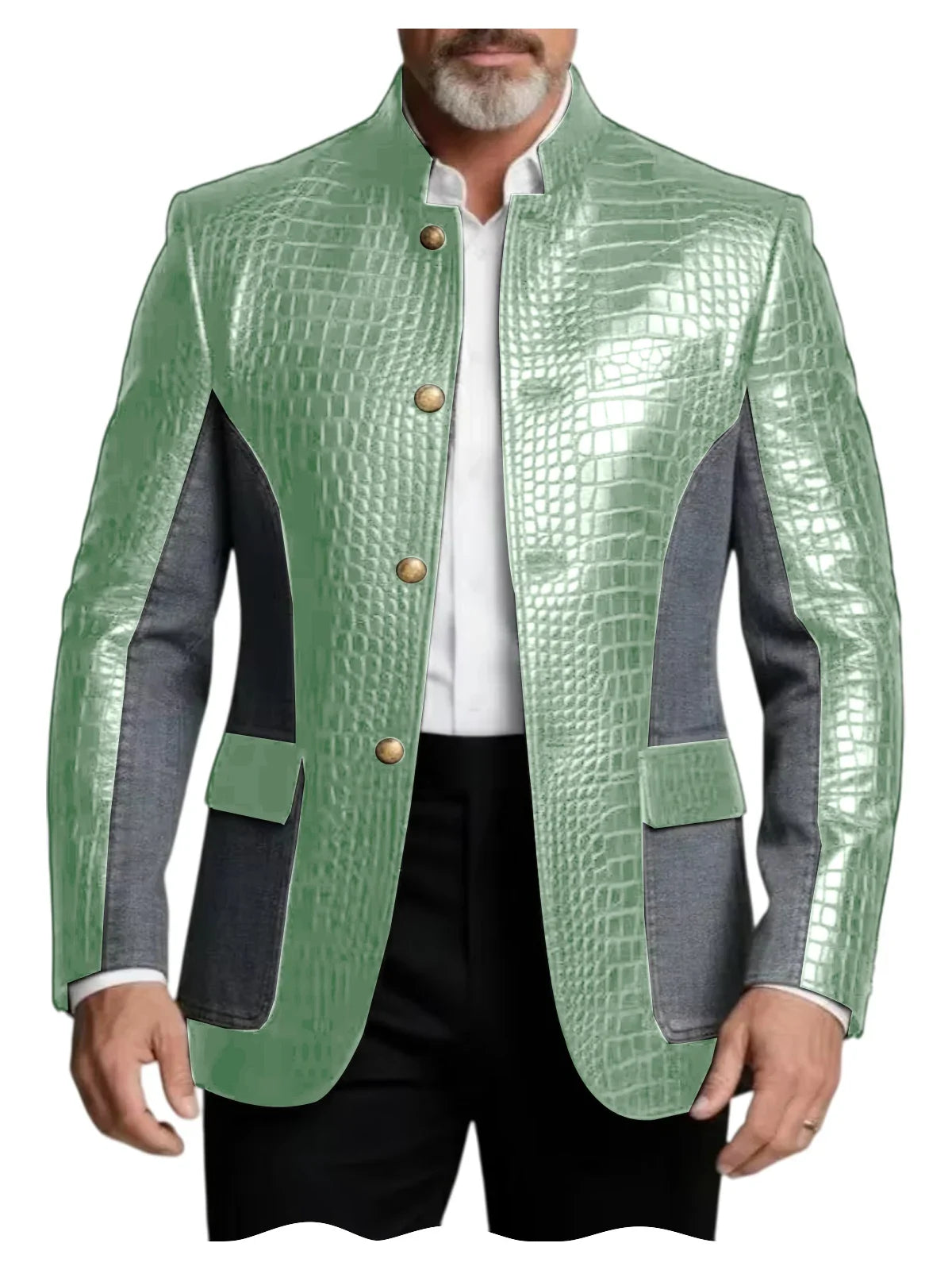 Men's Crocodile Embossed Leather Brown Jacket Patchwork Denim Stand Collar Slim Fit Luxury PU Blazer For Business Casual Party