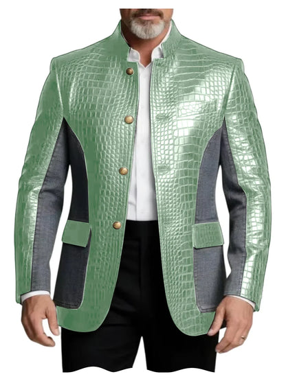 Men's Crocodile Embossed Leather Brown Jacket Patchwork Denim Stand Collar Slim Fit Luxury PU Blazer For Business Casual Party