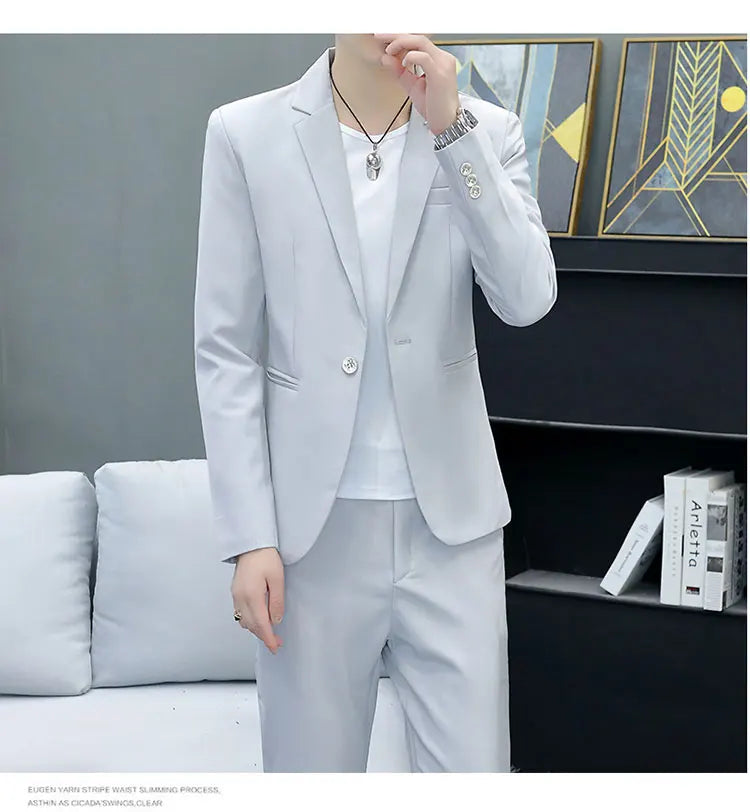 Slim Fit Two-Piece Suit Casual Business Style Solid Color Autumn  Dress Suit with Trousers Included Stylish Men's Costume