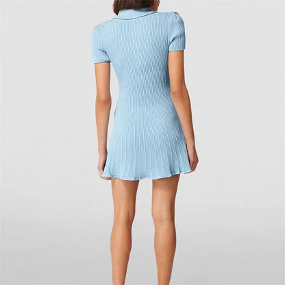 2025 Spring/Summer New Polo Neck Short Sleeve Knitted Dress Y2K Fashion Commuter Elastic Slim Fit Multi Pocket Wrapped Hip Skirt