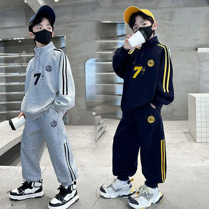 SpringAutumn Boys Cotton Half Zip Pullover Sweatshirt+Sweatpant Work Set School Kid 2PCS Tracksuit Children Jogger Outfit 5-16Yr
