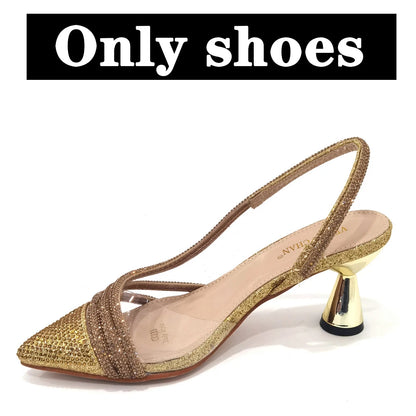Italian Pointed Toe Wedding Shoes Gold Color Summer Sandal for Women 2023 High Heels Rhinestone Shoe and Bag Set