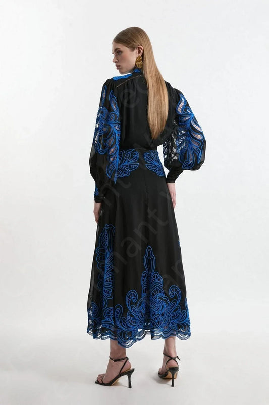 Customized Unique Black Prom Gowns Contrast Color Evening Dresses Lace Long Sleeves Wedding Party Gowns Tea Length Side Slit