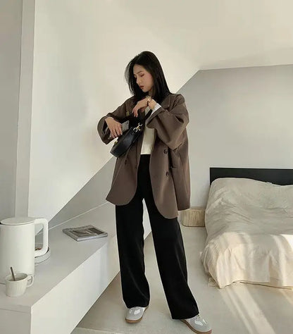 Oversize Blazers Women Long Sleeve Black Suit Streetwear Korean Chic Loose Jacket Spring Autumn Coat Double-breasted Tweed New
