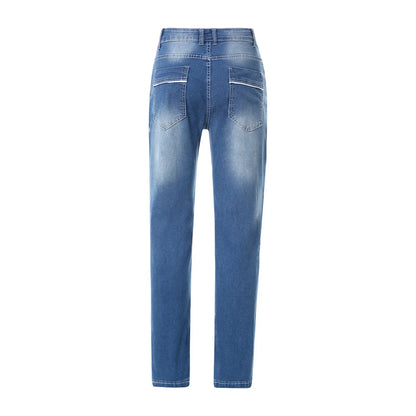 Vintage Men Jean Denim Pants Washed Pockets Mid Waist Zipper Fly Loose Fit Punk Style Distressed Ankle Length Straight Jeans