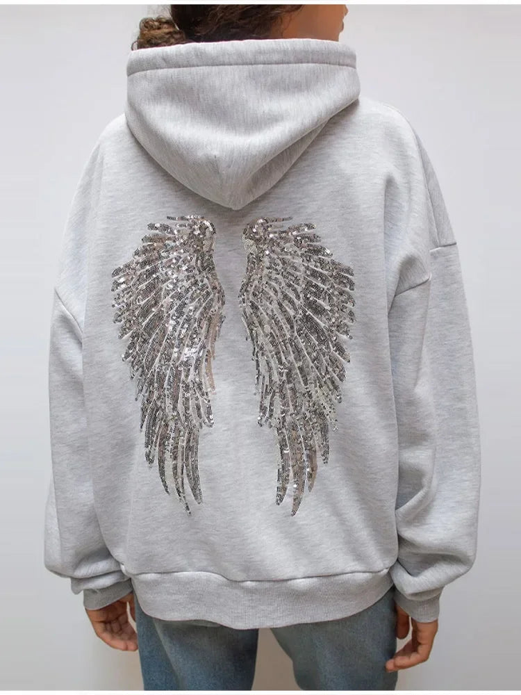 Sequin Angle Wings Hoodie Pullover For Women Loose Solid Hooded Sweatsuit 2025 New Lady Autumn Winter Outwears