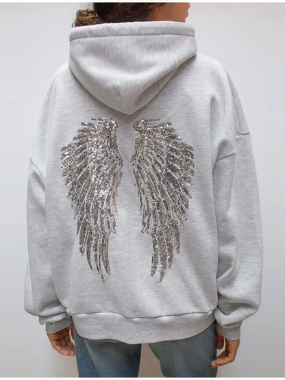 Sequin Angle Wings Hoodie Pullover For Women Loose Solid Hooded Sweatsuit 2025 New Lady Autumn Winter Outwears