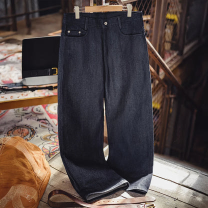 Vintage 15.6oz Selvedge Raw Denim Jeans Heavyweight Blue Loose Fit Wide-Leg Jeans Zip Fly Cotton Trousers for Spring Fall