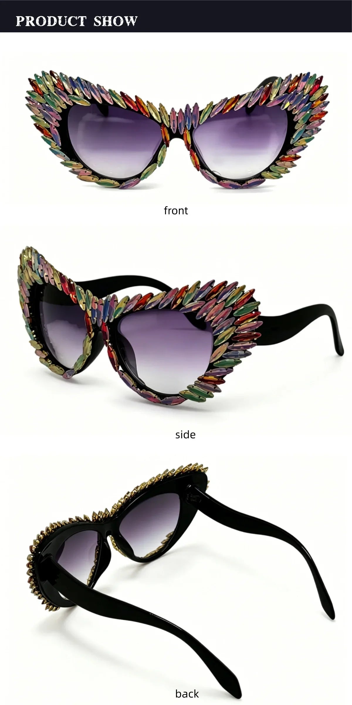 Retro Y2K Oversized Cat Eye Sunglasses for Women Rhinestone Gold Spike Gradient UV400 Punk Nightclub Party Festival Eyewear