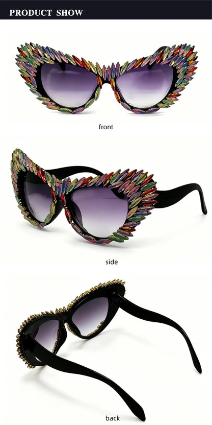 Retro Y2K Oversized Cat Eye Sunglasses for Women Rhinestone Gold Spike Gradient UV400 Punk Nightclub Party Festival Eyewear