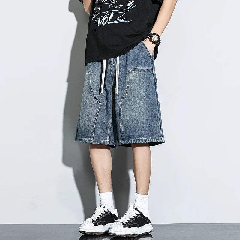 Fashion Streetwear Men's Denim Shorts Summer Loose Vintage Harajuku Splicing Hip-hop Cargo Moto Short Jeans Black Blue