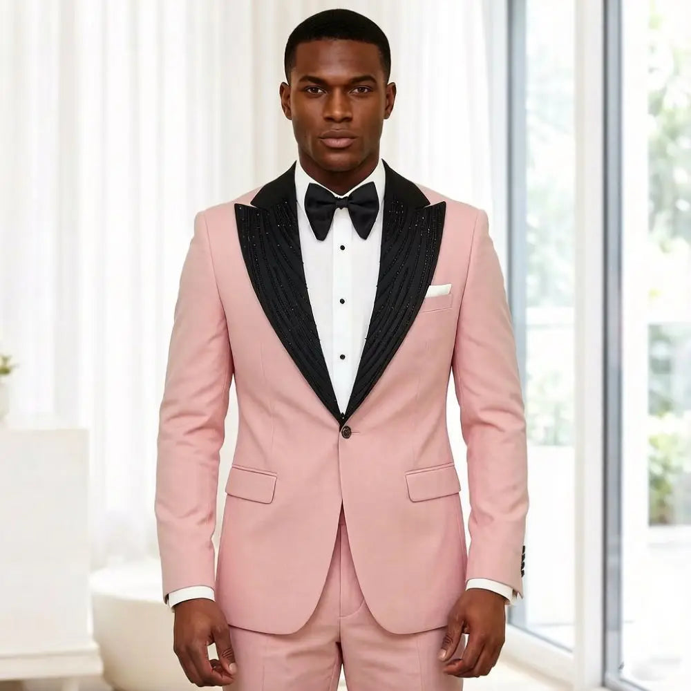 2 Pieces Men Suits Slim Fit Beaded Wedding Prom Tuxedo Shawl Lapel Single Decorative Button Formal Groom Party Office Wear