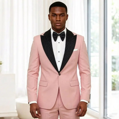 2 Pieces Men Suits Slim Fit Beaded Wedding Prom Tuxedo Shawl Lapel Single Decorative Button Formal Groom Party Office Wear