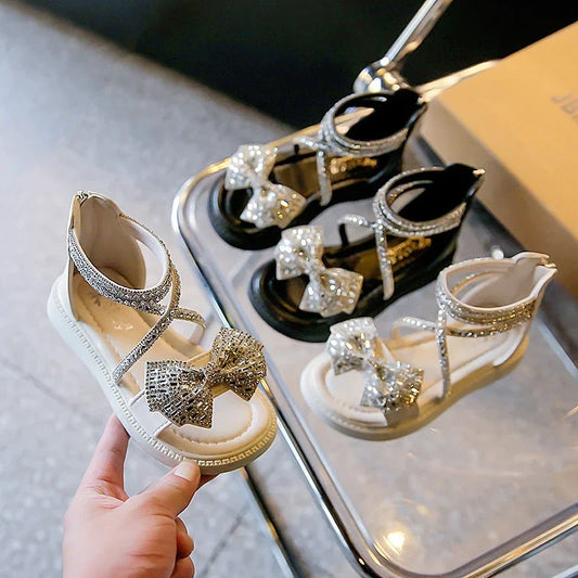 Girls' Shiny Cool Rhinestone Bowknot Children's Sandals 2023 Summer Open-toe Versatile Kids Fashion Back Zipper Casual Shoes New