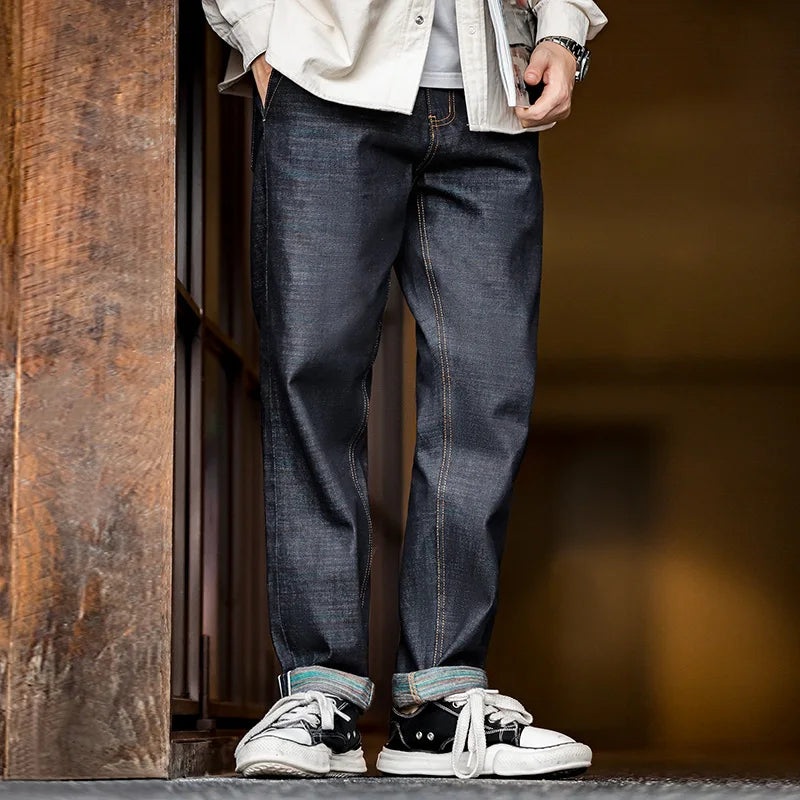 Vintage 13.5OZ Selvedge Raw Denim Jeans Cotton Straight Denim Pants Men's Heavyweight Blue Zip Fly with Pockets Trousers