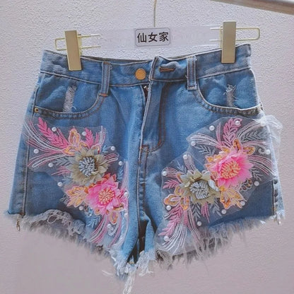 Korean Fashion Women Summer Denim Shorts Heavy Industry Nail Bead Studded Diamond New Flower Ripped Jeans Shorts
