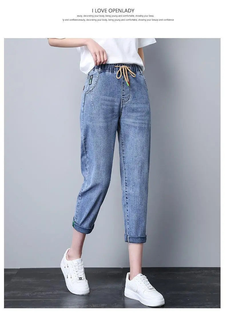 Elastic Waist Dad Harem Jeans Women's Light Blue Spring Summer New Style High Waist Wear Resistant Eighteen Inches Blue Jeans