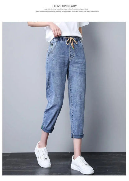 Elastic Waist Dad Harem Jeans Women's Light Blue Spring Summer New Style High Waist Wear Resistant Eighteen Inches Blue Jeans