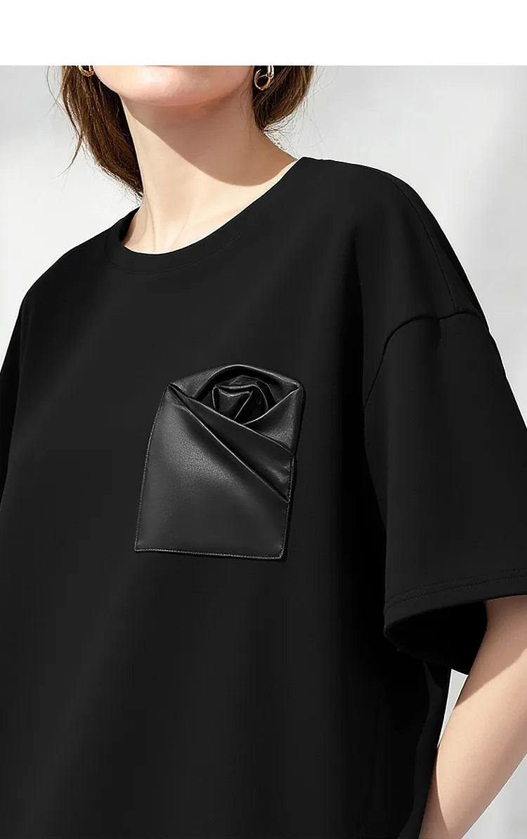 Women's T-Shirt 2026 Summer New Oversized Cotton Short Sleeve Tops Side Slit Mid Length Patch Pocket Tee Shirt 12642037