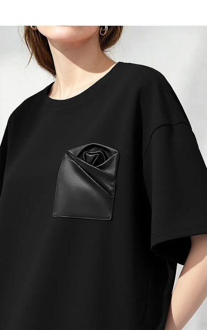 Women's T-Shirt 2026 Summer New Oversized Cotton Short Sleeve Tops Side Slit Mid Length Patch Pocket Tee Shirt 12642037
