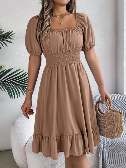 Spring Summer Elegant High Waisted Dress Square Neck Short Sleeved Ruffled Edge Long Dresses 2026 Valentine's Day Woman Clothing